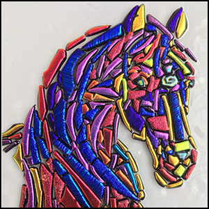 Horse of Many Colors, Dichroic glass art panel 5.25 inch x 5.75 inch. Horse Themed Glass Art
