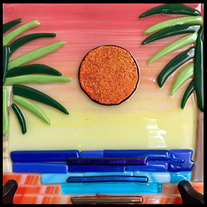 Sunset On My Beach, Dichroic Glass Art 6 inch x 6 inch. Ocean beach themed art.