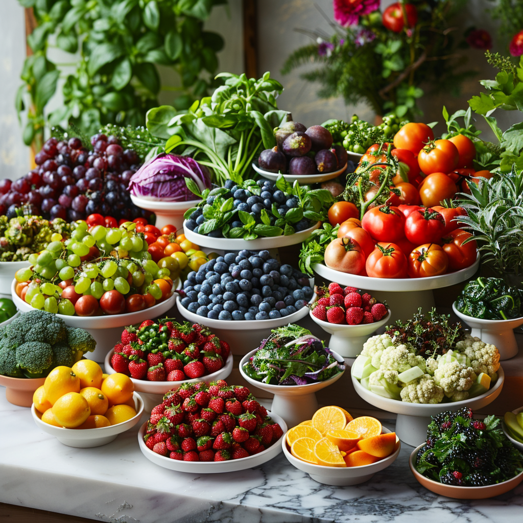 Abundant fresh herbs, fruits, and vegetables arranged in ceramic dishes on marble, styled as a clean professional prep station in an artisan kitchen.