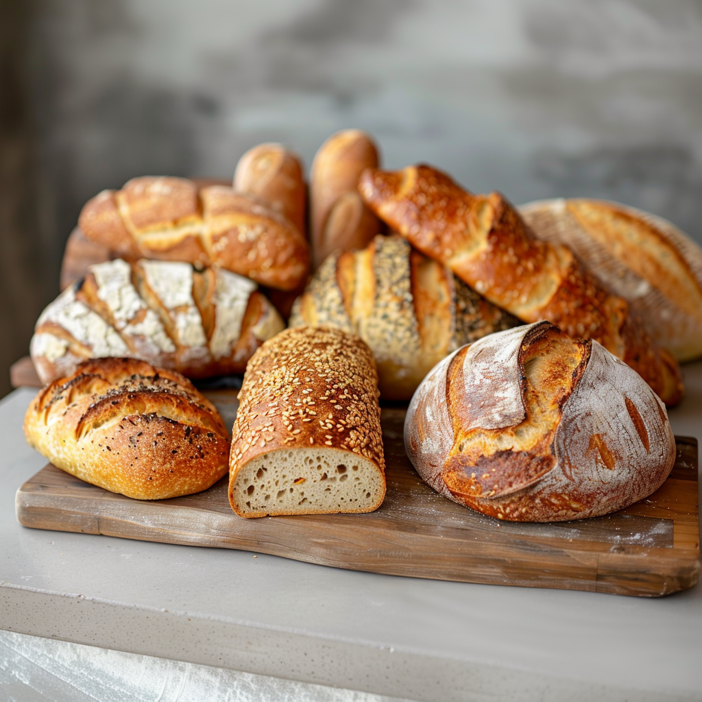 Artisan bread display with rustic loaves and natural textures