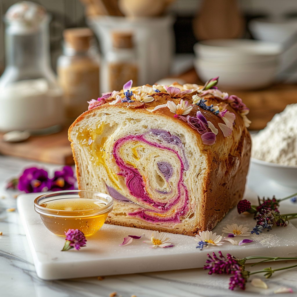 Wildflower Honey Sourdough with colorful botanical swirls and floral interior on a white square plate with blurred honey, flowers, and bread ingredients in the background.