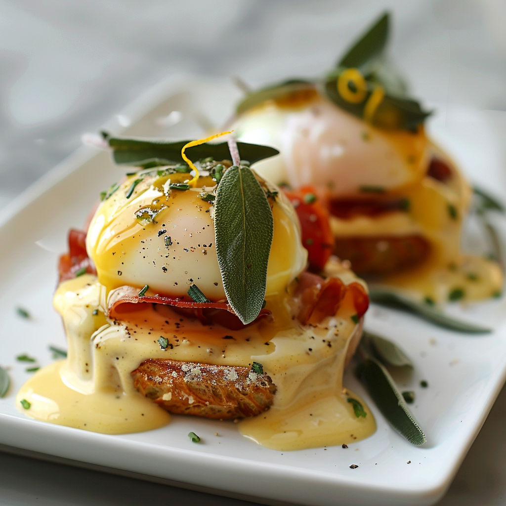 Eggs Benedict with prosciutto, brown butter hollandaise, crispy sage, and herbs on toasted sourdough muffin.