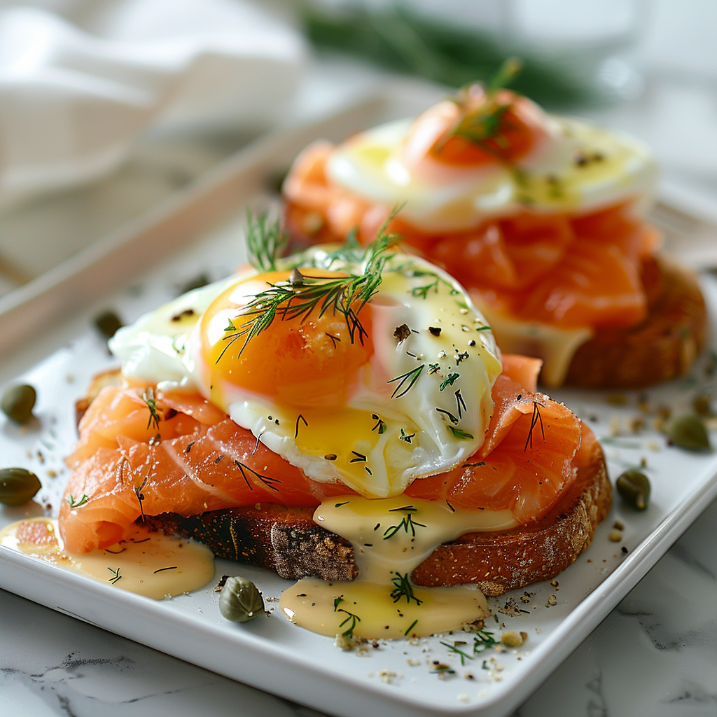 Smoked salmon eggs Benedict with citrus creme fraiche, pickled shallots, dill, and capers.