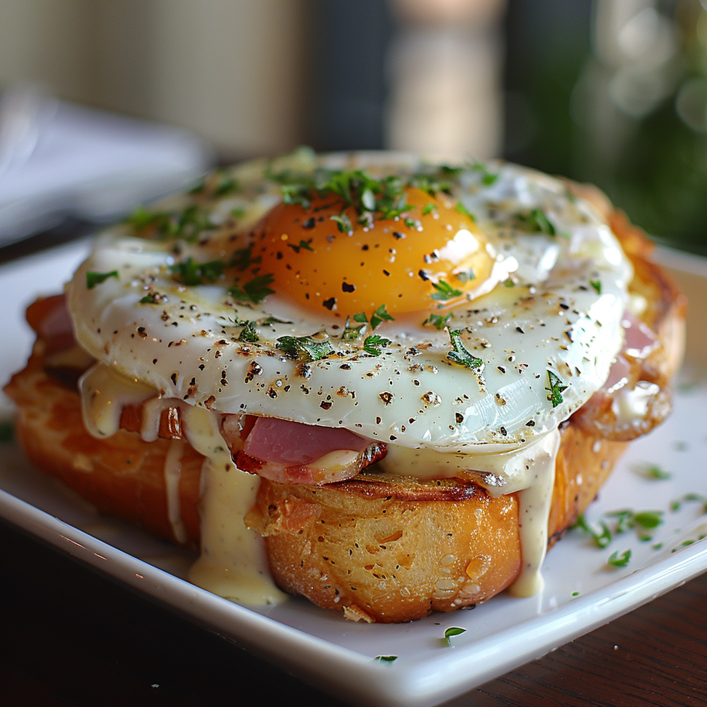 Croque madame with truffle bechamel, gruyere, and sunny egg on brioche.