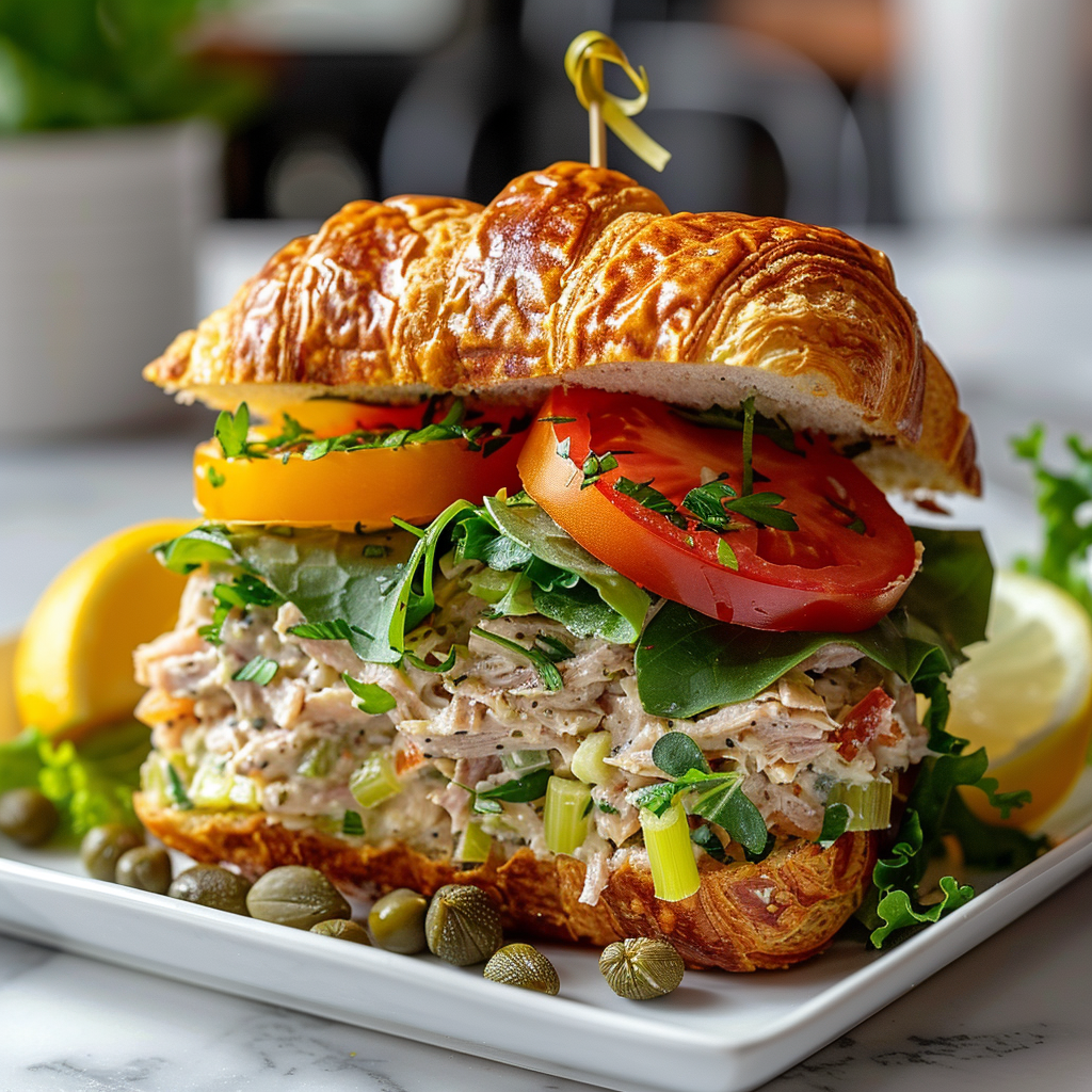 Tuna salad croissant with chopped herbs, herb greens, large yellow heirloom tomatoes, sliced pickles, shaved parmesan, and microgreens on a white square plate.