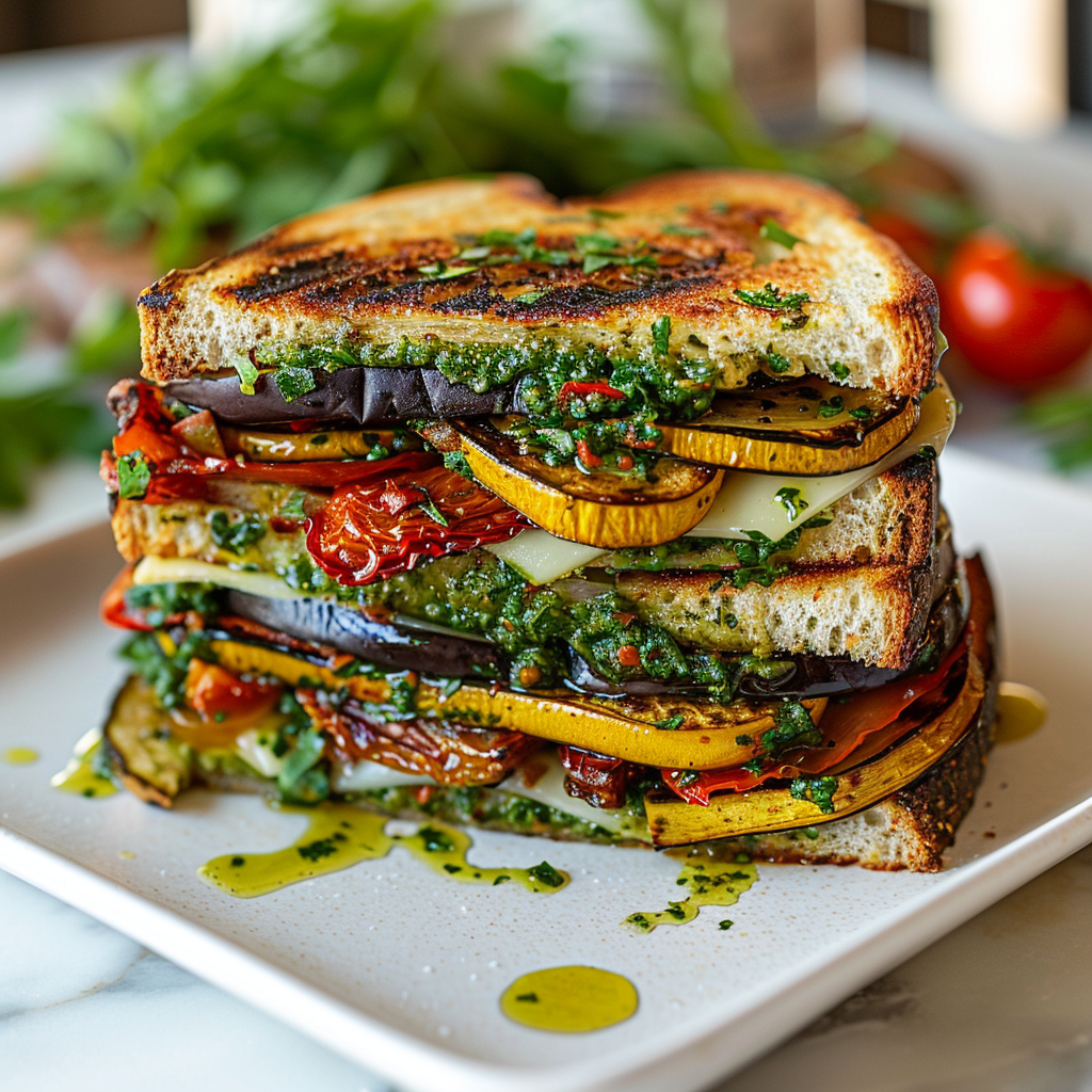 Sierra Veggie Melt with roasted vegetables, whipped herb chevre, basil pesto, sun-dried tomato spread, arugula, and balsamic reduction on a white square plate.