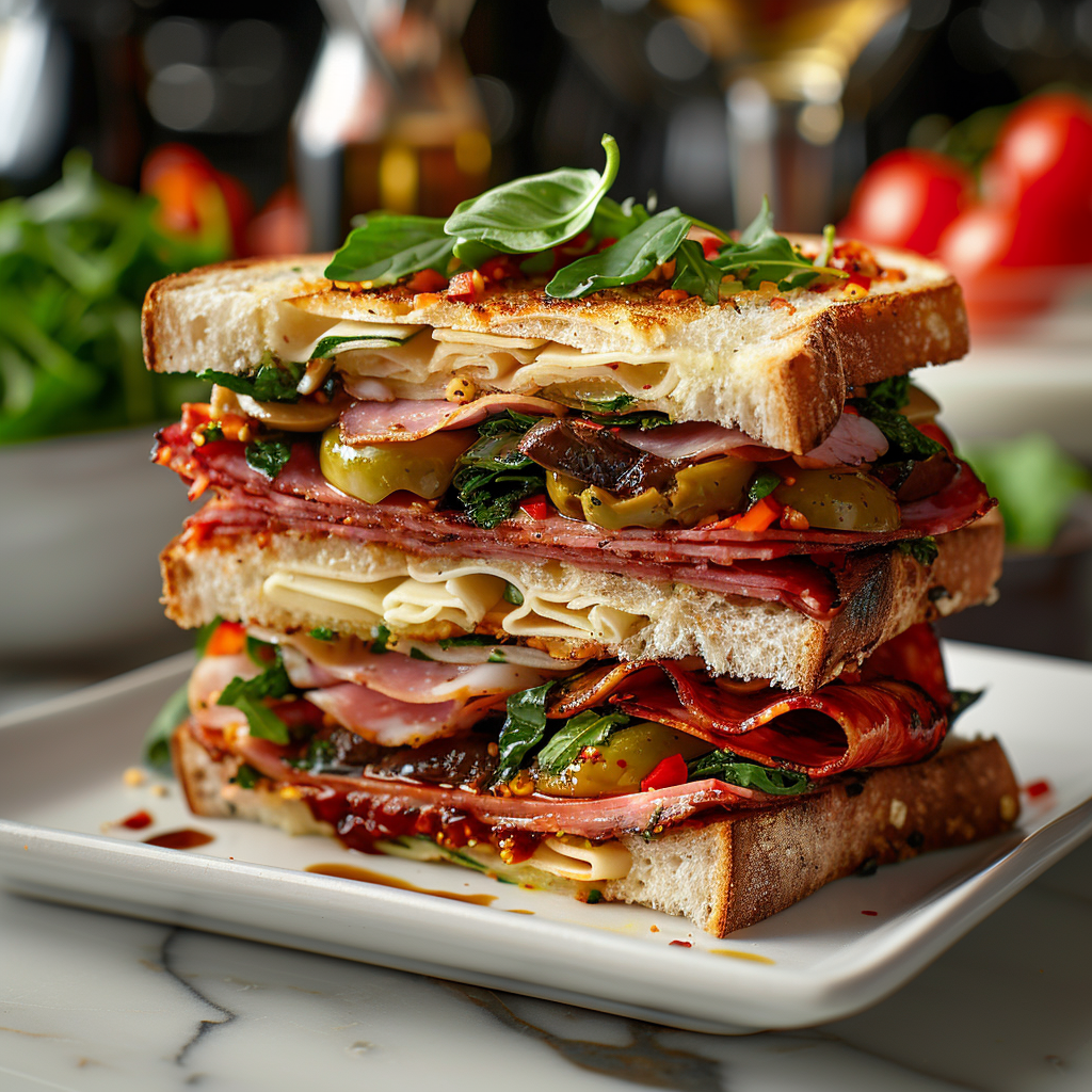 Alpine Italian sandwich with prosciutto, soppressata, capicola, artichokes, roasted peppers, olive tapenade, parmesan, arugula, and basil oil on a white square plate.