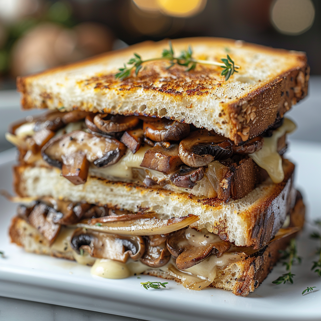 Wild Mushroom Truffle Melt with sautéed mushrooms, truffle cheese, caramelized shallots, truffle aioli, and crispy onions on a white square plate.