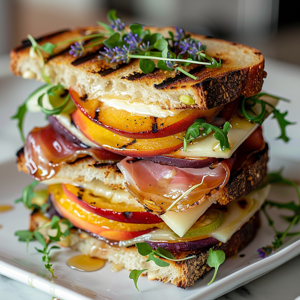 Grilled peach and brie sandwich with thick purple and green heirloom tomatoes, mascarpone, prosciutto, arugula, microgreens, peach jalapeno jam, almonds, and honey lavender drizzle on toasted ciabatta.