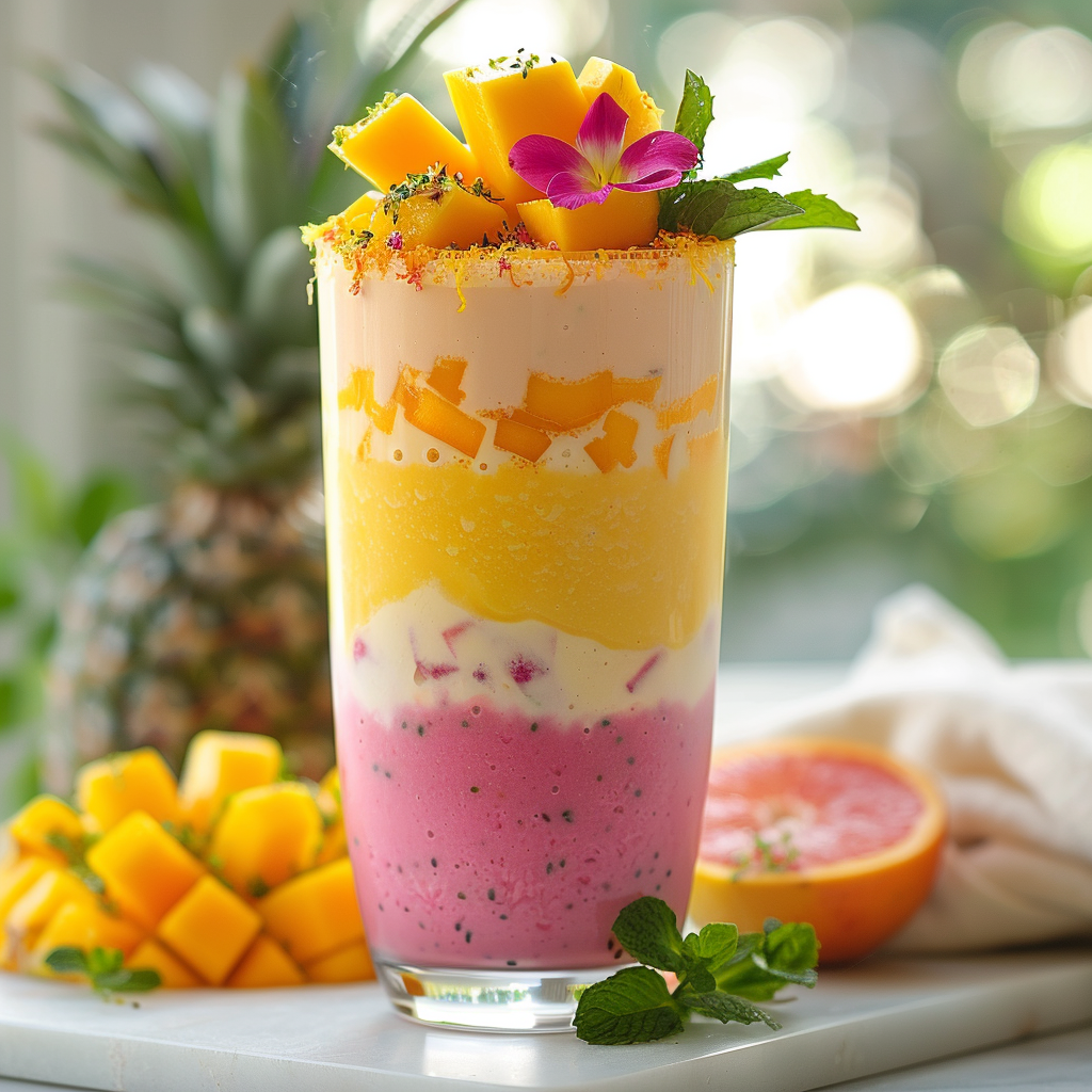 Tahoe Sunrise Smoothie with tropical fruit and citrus layered colors.