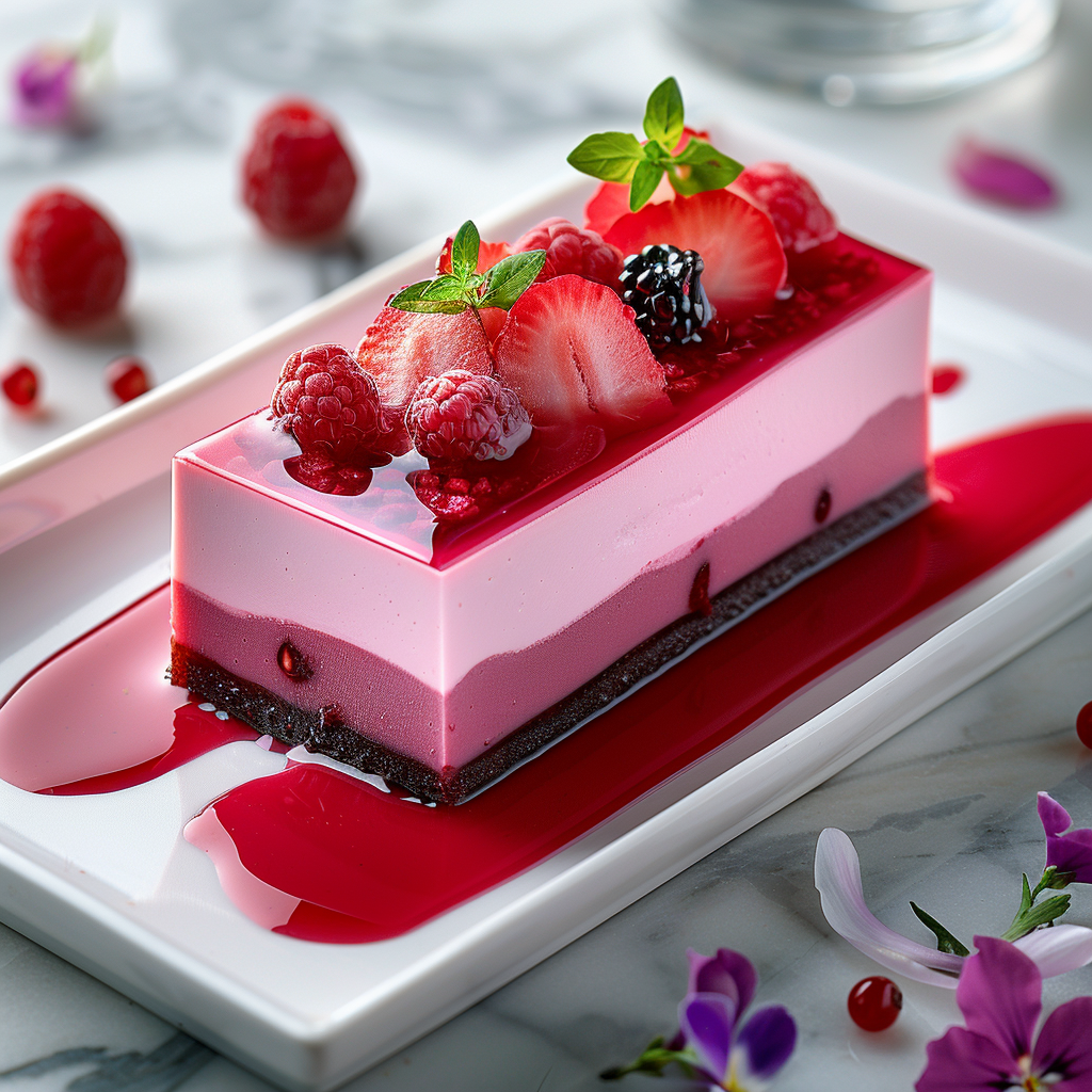 Raspberry Hibiscus Rose Prism plated dessert