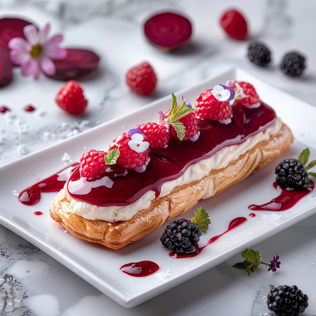 Beet Berry Velvet Éclair plated dessert