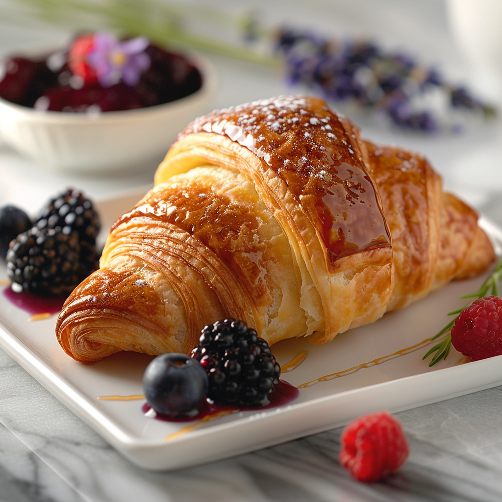Golden laminated croissant filled with wild berry compote and lavender glaze on a white square plate.