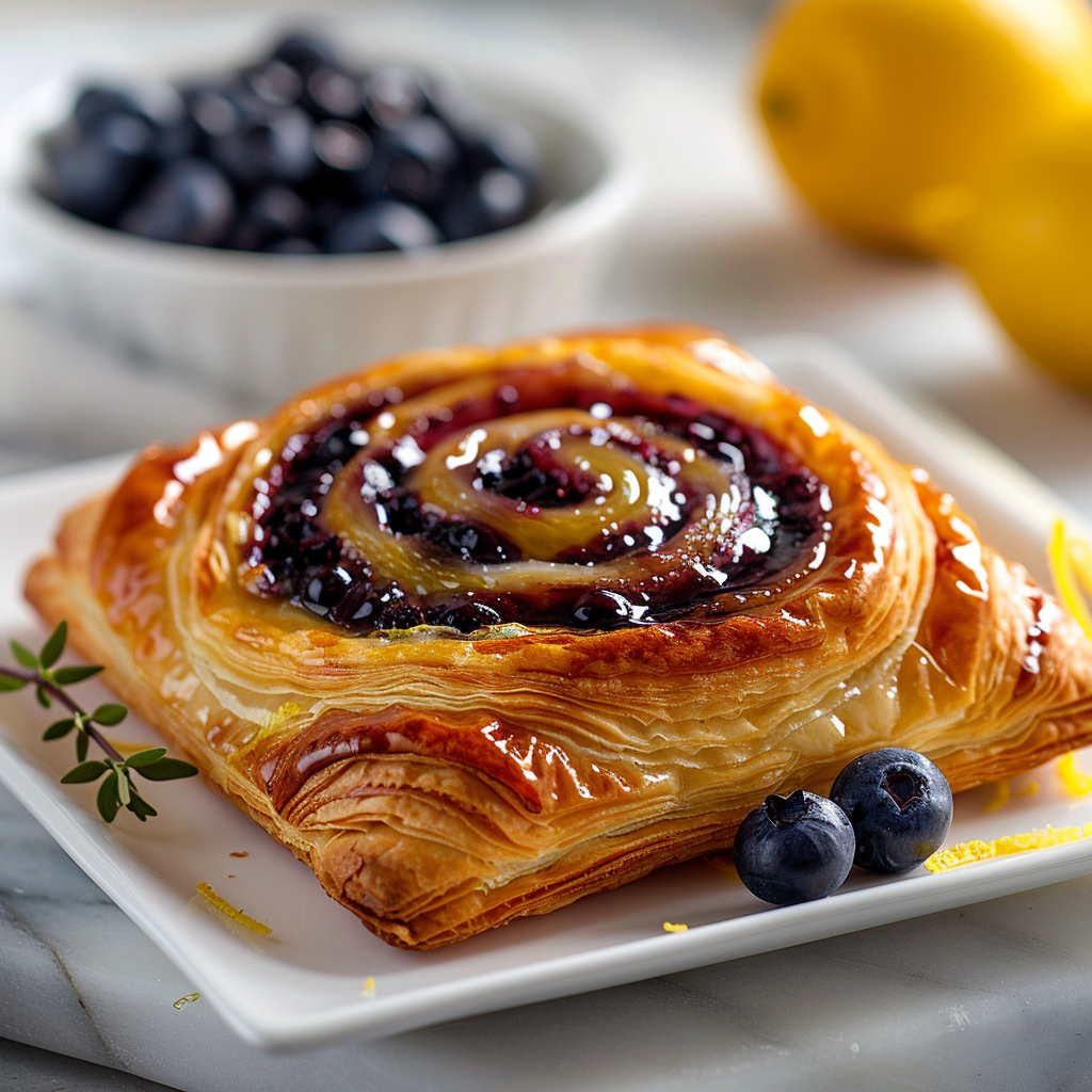 Golden danish with blueberry compote and lemon curd on a white square plate.