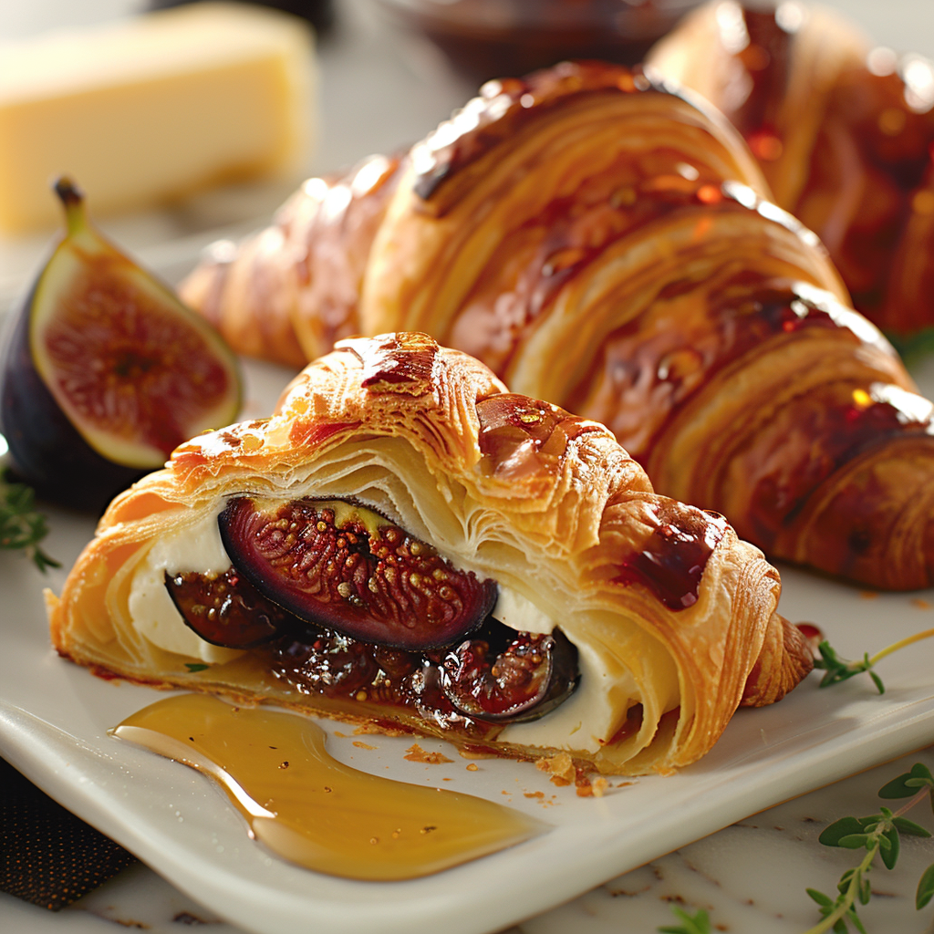 Croissant with caramelized figs and goat cheese with herbs on a white square plate.