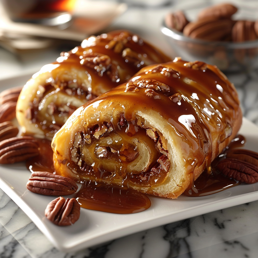 Caramelized morning roll with maple glaze and toasted pecans on a white square plate.