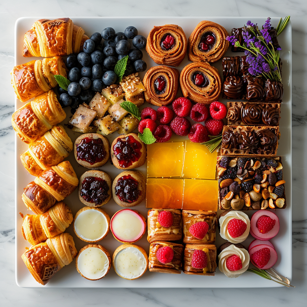 Luxury artisan pastry assortment with croissants, tarts, and layered pastries on a white plate