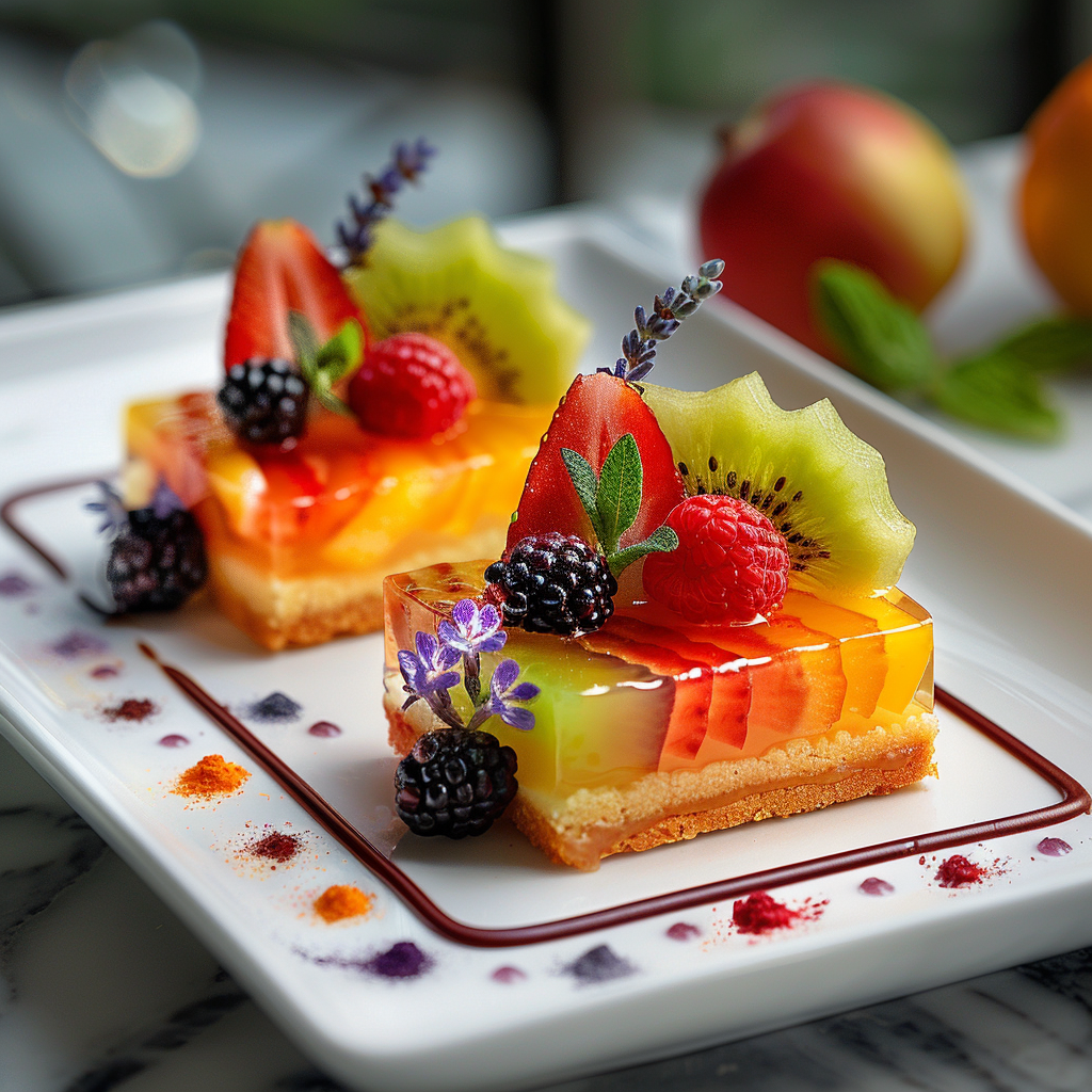 Two small square seasonal fruit tarts with vibrant toppings on a white plate