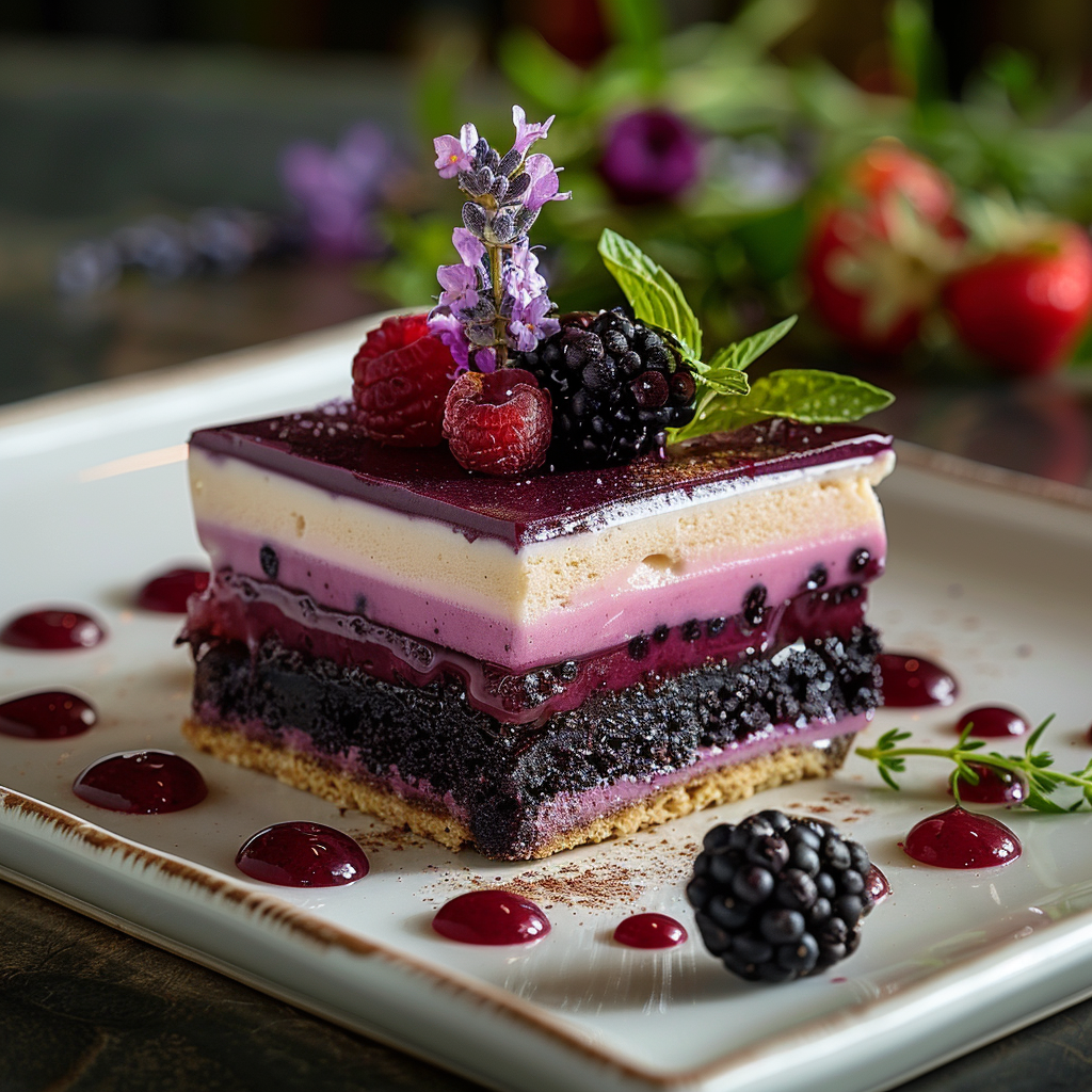 Wild berry lavender layered dessert with edible flowers and rich textures