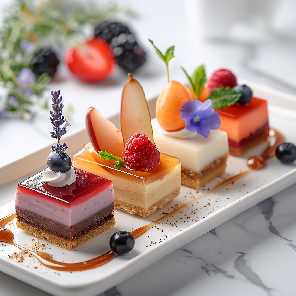 Seasonal dessert quatro with artistic plating and multiple textures