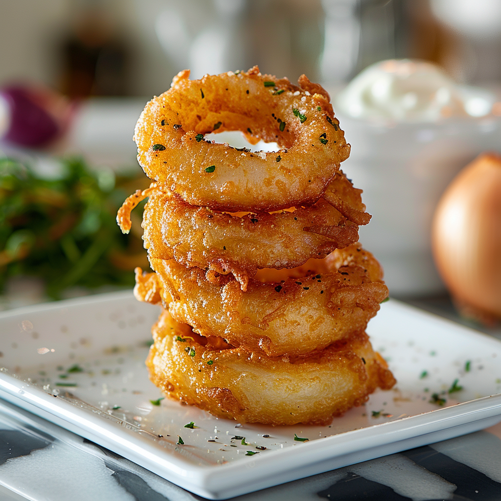Gourmet onion rings on a white plate.
