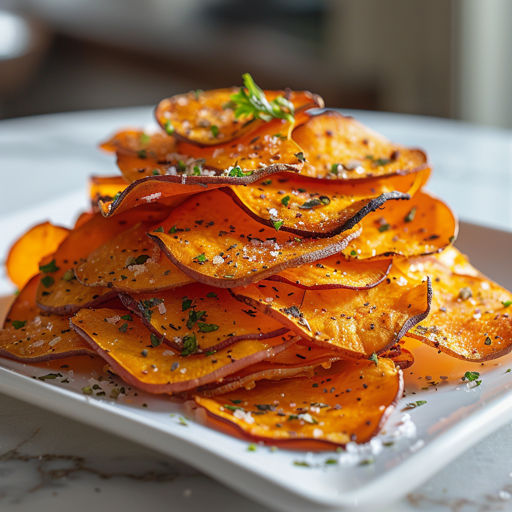 Sweet potato chips on a white plate.