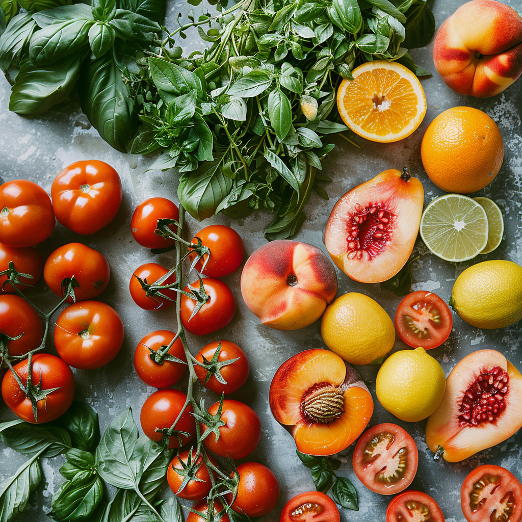 Summer stone fruit, market produce, cold drinks, and picnic-style food