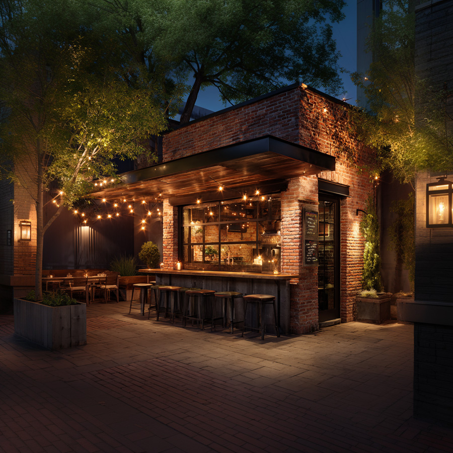 Outdoor patio with bar seating and warm ambient lighting