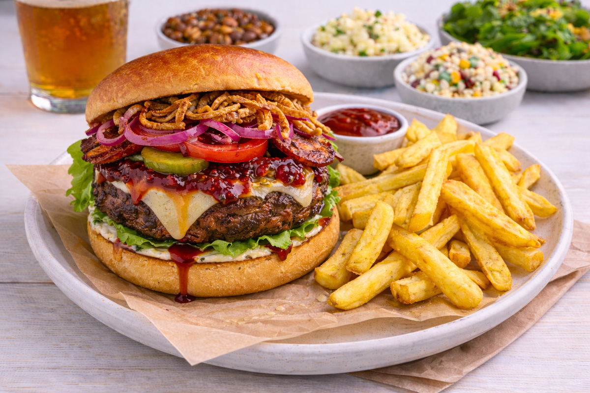 Smoked bison burger with raspberry chipotle jam and herb garlic aioli