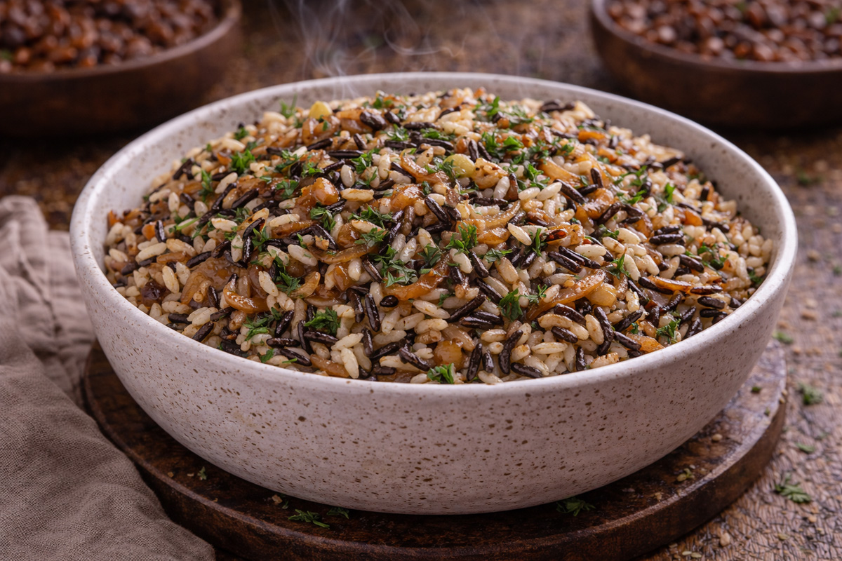 Rustic smoked rice pilaf with herbs