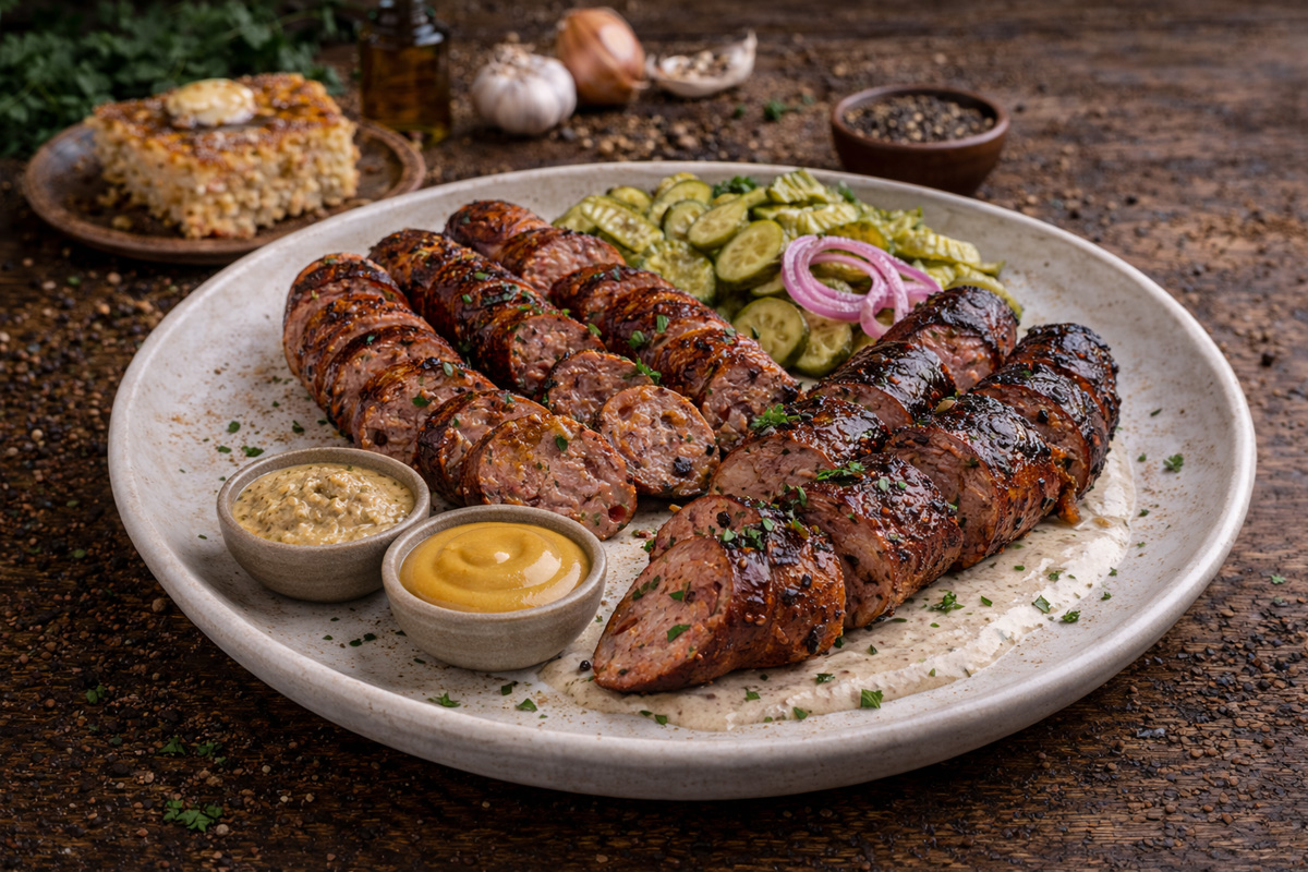 Sausage duo with mustard and pickles